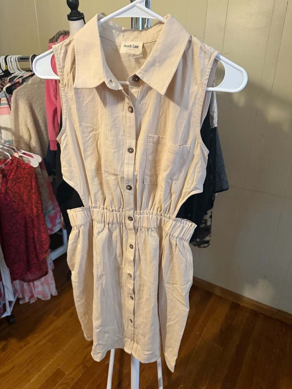 Peach Love California Sleeveless Button-Front Shirt Dress with Side Cutouts